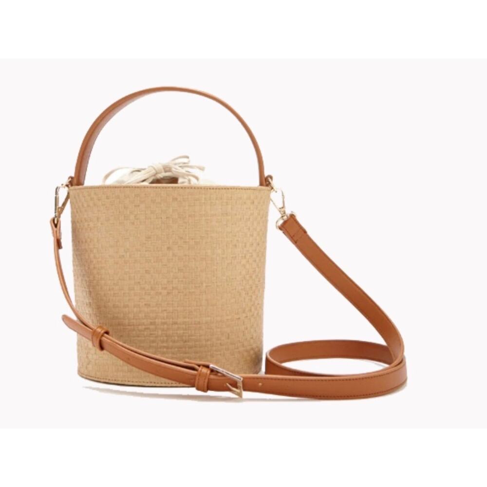 Woven Straw Bucket Bag Crossbody Satchel Boho Summer Purse Neutral Tan